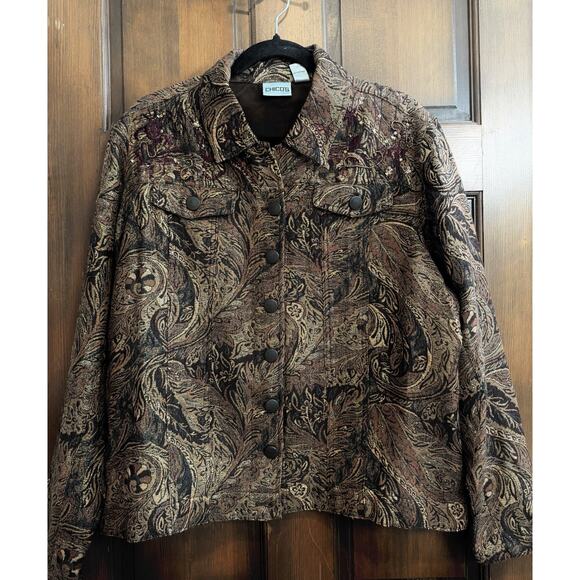 Chico’s | Wool Blend Jacket Blazer Chocolate Brown Gold Paisley Jacquard-Size XL - Picture 1 of 6